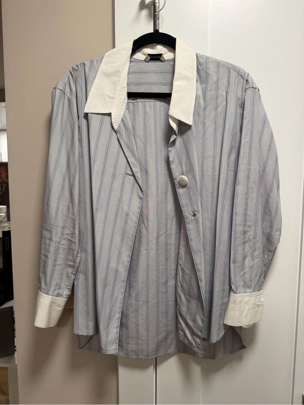 Sandro Light Blue Striped Button-Down with White Contrast Collar
